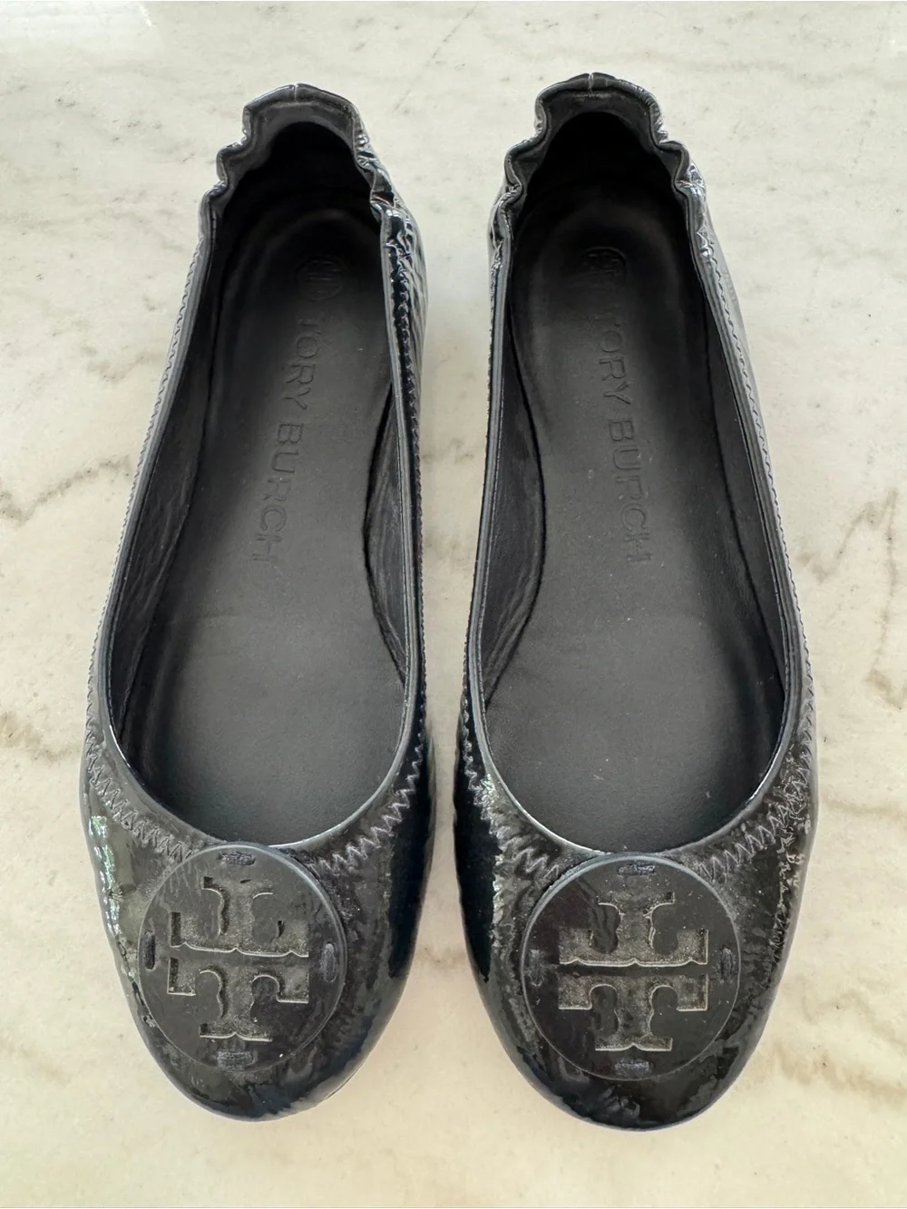 Tory Burch Black Patent Logo Round-Toe Ballet Flats
